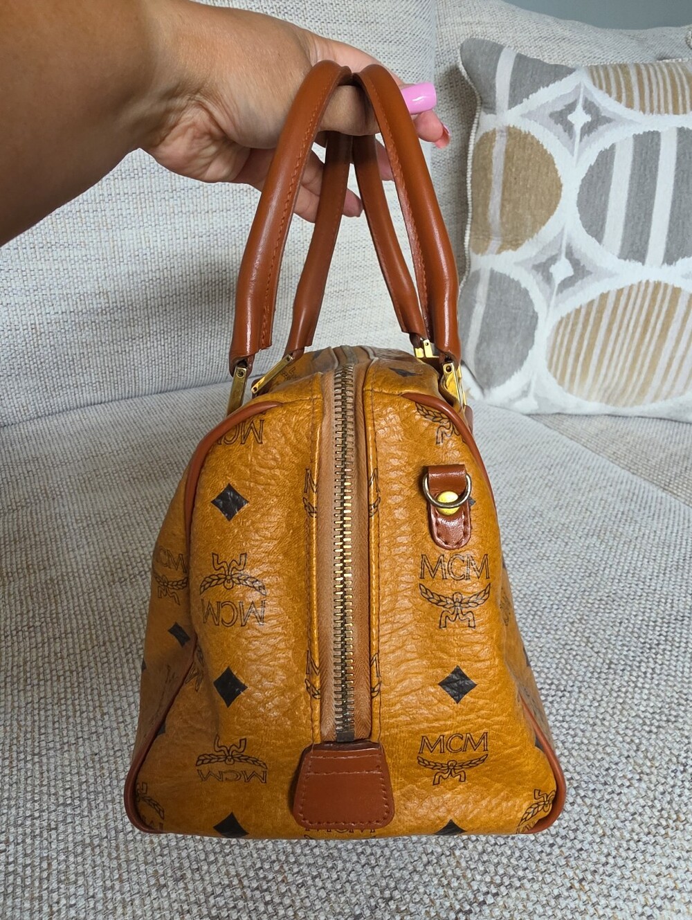 MCM Visetos Cognac Monogram Boston Bag - Picture 7 of 13